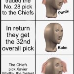 Chiefs bills football draft | The Bills traded the No. 28 pick to the Chiefs; In return they get the 32nd overall pick; The Chiefs pick Xavier Worthy, the fastest WR in the draft | image tagged in memes,panik kalm panik,nfl | made w/ Imgflip meme maker