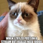 it has happened to everyone | WHEN I TRY TO POST ON A STREAM BUT REALIZE NEED 10000 PTS ANS 30 DAYS OF EXPERIENCE | image tagged in memes,grumpy cat | made w/ Imgflip meme maker