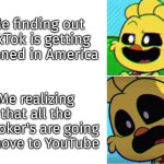 If this really happened... | Me finding out TikTok is getting banned in America; Me realizing that all the TikToker's are going to move to YouTube | image tagged in tiktok,youtube | made w/ Imgflip meme maker