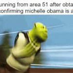 i mean prove me wrong | me running from area 51 after obtaining files confirming michelle obama is a man | image tagged in gifs,area 51,obama,shrek | made w/ Imgflip video-to-gif maker