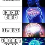 You didnt have to cut me off | (SILENCE); (CRICKET CHIRP); (FLY BUZZ); YOU DIDN'T HAVE TO CUT ME OFF. | image tagged in memes,expanding brain,you can't hear pictures,galaxy brain | made w/ Imgflip meme maker