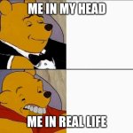 Winnie the pooh with teeth | ME IN MY HEAD; ME IN REAL LIFE | image tagged in winnie the pooh with teeth | made w/ Imgflip meme maker