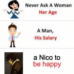 Never ask a woman her age | a Nico to; be happy | image tagged in never ask a woman her age | made w/ Imgflip meme maker