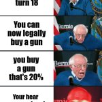 Perfect Gun Story | You turn 18; You can now legally buy a gun; you buy a gun that's 20%; Your hear someone break in your house | image tagged in bernie sanders reaction nuked,memes,dank memes,guns,america,18 | made w/ Imgflip meme maker