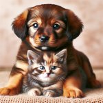 cute puppy sitting on ugly kitten