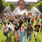 Student Protestors on Campus Running from Sprinklers