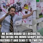 I did this | ME BEING BOARD SO I DECIDE TO READ THE ENTIRE VEE MOVIE SCRIPT OUTLOUD AND RECORD IT AND SEND IT TO TWO POEPLE | image tagged in charlie day | made w/ Imgflip meme maker
