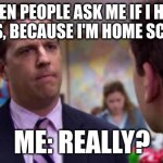 WHEN PEOPLE THINK HOMESCHOOLED KIDS HAVE NO FRIENDS ( WE DO!!!!) | WHEN PEOPLE ASK ME IF I HAVE FRIENDS, BECAUSE I'M HOME SCHOOLED; ME: REALLY? | image tagged in sorry i annoyed you,relatable | made w/ Imgflip meme maker