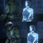 Master Chief looks at the weapon
