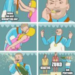 3rd Place Celebration | *MEDAL FOR BEST REDEMPTION ARC*; ZUKO; KRATOS; SIR PENTIOUS | image tagged in 3rd place celebration,hazbin hotel,god of war,avatar the last airbender | made w/ Imgflip meme maker