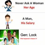 Never Asks Gen: Lock | Gen: Lock; What happened in Season 2? | image tagged in never ask a woman her age | made w/ Imgflip meme maker