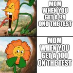 some can relate | MOM WHEN YOU GET A 99 ONO THE TEST; MOM WHEN YOU GET A 100 ON THE TEST | image tagged in cagney carnation yelling | made w/ Imgflip meme maker