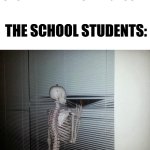 *gasp* S N O W D A Y | SNOWFLAKE: HITS THE GROUND; THE SCHOOL STUDENTS: | image tagged in skeleton looking out window,school,snow day | made w/ Imgflip meme maker