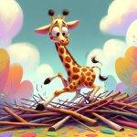 anxious giraffe tripping on branches
