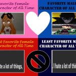 favorite and least favorite characters | image tagged in favorite and least favorite character,favorites,i hate you,tanjiro,persona 5,smg4 | made w/ Imgflip meme maker