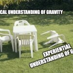Gravity fa(i)lls | THEORETICAL UNDERSTANDING OF GRAVITY; EXPERIENTIAL UNDERSTANDING OF GRAVITY | image tagged in memes,we will rebuild,gravity,literal | made w/ Imgflip meme maker