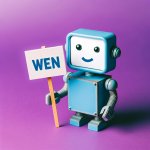 Light blue square head robot with a sign that says WEN purple ba