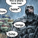 bune | this is where
bone lives; bane*; bune; bonga; bino | image tagged in batman corrects grammar turtles make fun | made w/ Imgflip meme maker