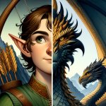 a elf on the left half, a dragon on the right
