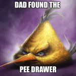 Realistic yellow angry bird | DAD FOUND THE; PEE DRAWER | image tagged in realistic yellow angry bird | made w/ Imgflip meme maker