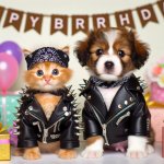Cute heavy metal kitten and puppy greeting you a happy birthday