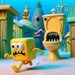 Spongebob running away from skibidi toilet