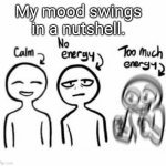 Fjjjcjdjdskgnskykwltk.skfncknr | My mood swings in a nutshell. | image tagged in calm no energy too much energy | made w/ Imgflip meme maker