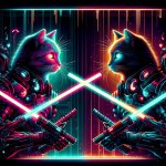 2 cats ready to fight with laser swords