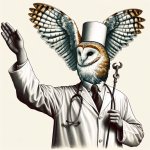 A doctor with an owl head dressed in a lab coat  waving