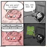 Hey you going to sleep? | BUT YOU FORGOT YOUR SPANISH CLASSES TODAY | image tagged in hey you going to sleep | made w/ Imgflip meme maker