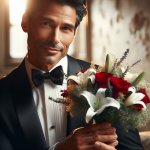 Groom midfourty, handing over a bouquet of flowers