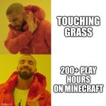 Drake Blank | TOUCHING GRASS; 200+ PLAY HOURS ON MINECRAFT | image tagged in drake blank | made w/ Imgflip meme maker