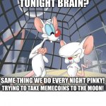 Pinky and the brain | WHAT WE DOING TONIGHT BRAIN? SAME THING WE DO EVERY NIGHT PINKY! TRYING TO TAKE MEMECOINS TO THE MOON! | image tagged in pinky and the brain | made w/ Imgflip meme maker