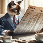 Cat in a suit, sitting at the breakfast table reading the financ