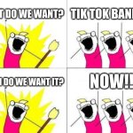 Why hasn't Tik Tok been banned already? | WHAT DO WE WANT? TIK TOK BANNED! NOW!! WHEN DO WE WANT IT? | image tagged in memes,what do we want | made w/ Imgflip meme maker