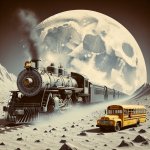 A train hitting a school bus on the moon
