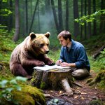 Man and bear in the woods