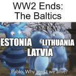 An after ww2 meme (p.s. I know why) (remade) | WW2 Ends:
The Baltics; ESTONIA; LITHUANIA; LATVIA | image tagged in pablo why aren't we alive,ww2,geography,history | made w/ Imgflip meme maker
