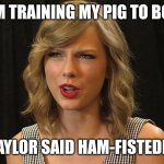 Taylor said hamfistedly | I'M TRAINING MY PIG TO BOX; TAYLOR SAID HAM-FISTEDLY | image tagged in taylor swiftie | made w/ Imgflip meme maker