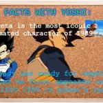 fun facts with yoshi | vegeta is the most iconic animated character of 1989; nobody was ready for vegeta when he first appeared on may 24th 1989 in gohan's rage | image tagged in fun facts with yoshi,vegeta,dragon ball z,anime,1980s,famous | made w/ Imgflip meme maker