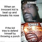 Has this happened to you? | When an innocent kid is beat up and breaks his nose; SCHOOLS; SCHOOLS; If the kid tries to defend himself by throwing a punch | image tagged in memes,sleeping shaq | made w/ Imgflip meme maker