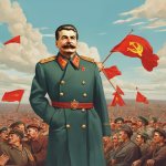 Stalin in front of Soviet flags