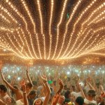 An outdoor, night, music festival, celebration scene, full of li