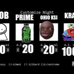 FNAF in ohio | KRABS; BOB; PRIME; OHIO KSI; 20; 20; 20; 1000 | image tagged in fnaf 1 custom night | made w/ Imgflip meme maker