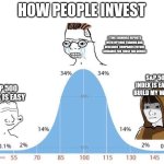 bell curve | HOW PEOPLE INVEST; I TIME EARNINGS REPORTS WITH OPTIONS TRADING AND RESEARCH  COMPANIES FUTURE GUIDANCE FOR THOSE 10X GEMS!!! S&P 500 INDEX IS EASY TO BUILD MY WEALTH. S&P 500 INDEX IS EASY | image tagged in bell curve | made w/ Imgflip meme maker
