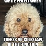 coleslaw dog | WHITE PEOPLE WHEN; THERES NO COLESLAW AT THE FUNCTION | image tagged in coleslaw dog | made w/ Imgflip meme maker