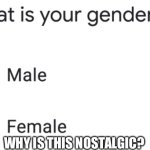 Seriously though. | WHY IS THIS NOSTALGIC? | image tagged in male and female gender question | made w/ Imgflip meme maker