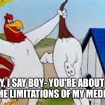 Foghorn Leghorn Meds | BOY, I SAY BOY- YOU'RE ABOUT TO EXCEED THE LIMITATIONS OF MY MEDICATION !! | image tagged in foghorn leghorn | made w/ Imgflip meme maker