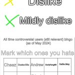 Controversial user bingo May 2024 with color template