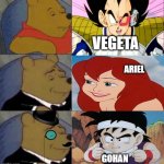 the 3 most iconic animated characters of 1989 | VEGETA; ARIEL; GOHAN | image tagged in tuxedo winnie the pooh 3 panel,1889 guy,dragon ball z,disney princesses,gohan,1980s | made w/ Imgflip meme maker